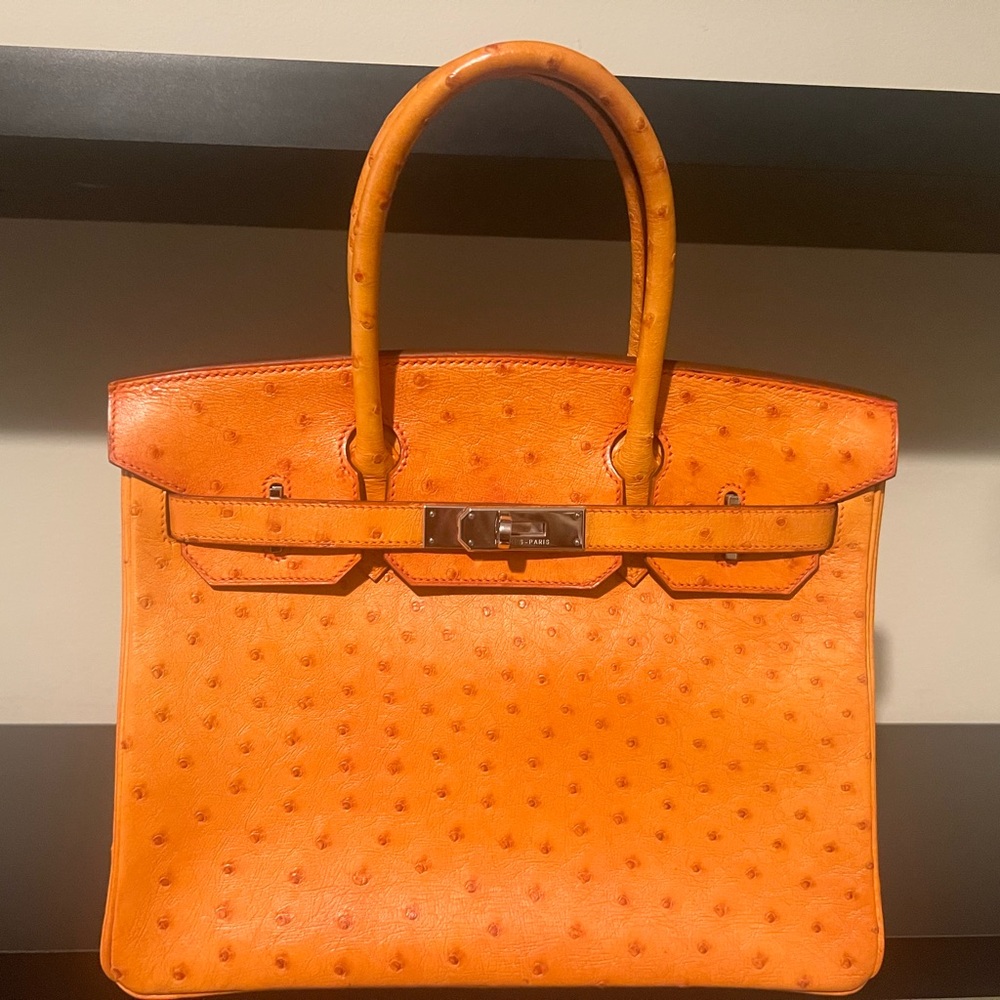 Hermes Birkin Handbag Tangerine Ostrich with Palladium Hardware 30 Orange